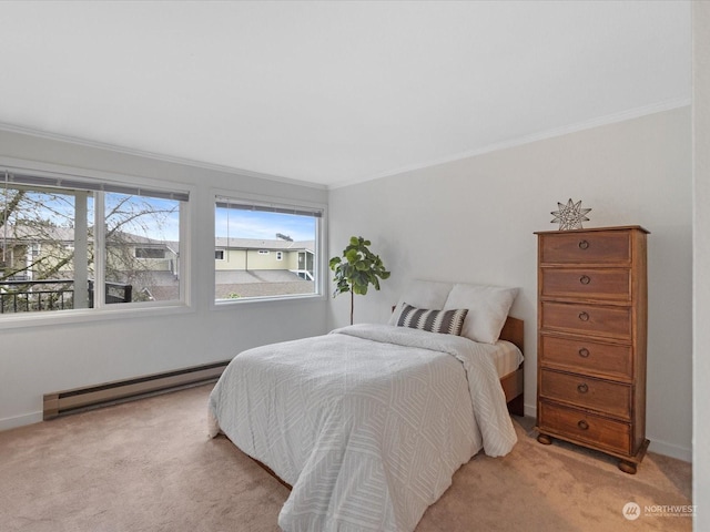 bedroom with light carpet, crown molding, and a baseboard radiator