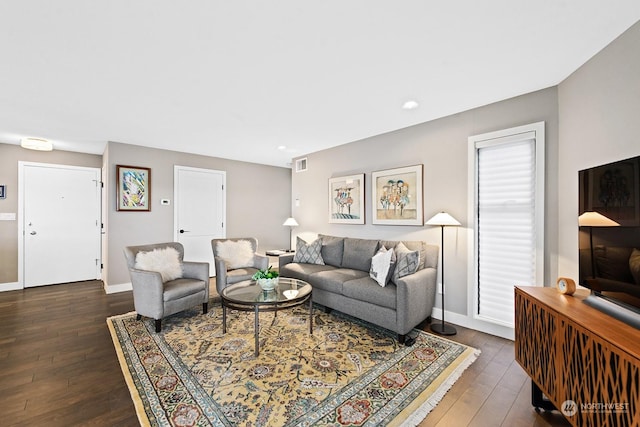 living room featuring dark wood-type flooring