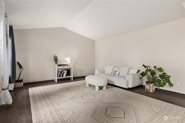 living room featuring wood-type flooring and vaulted ceiling