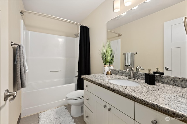 full bathroom with shower / bathtub combination with curtain, tile patterned floors, vanity, and toilet