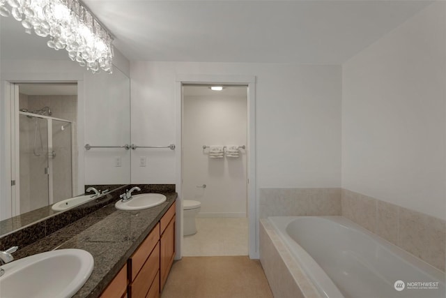 full bathroom featuring toilet, vanity, independent shower and bath, and an inviting chandelier