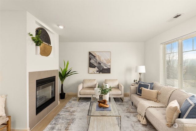 living room featuring light wood-type flooring and a fireplace