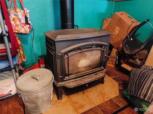 interior details with a wood stove