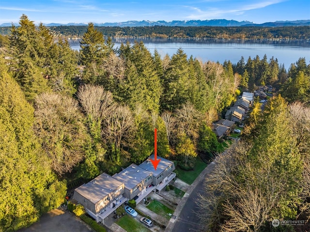 bird's eye view featuring a water and mountain view