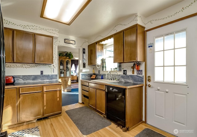 kitchen with black dishwasher, sink, and light hardwood / wood-style flooring