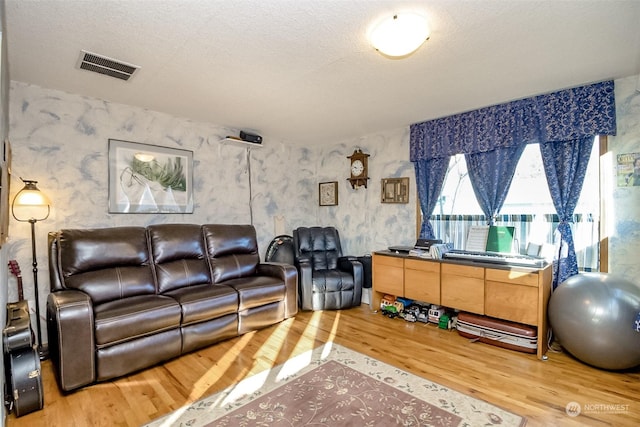 living room featuring wood-type flooring and a textured ceiling