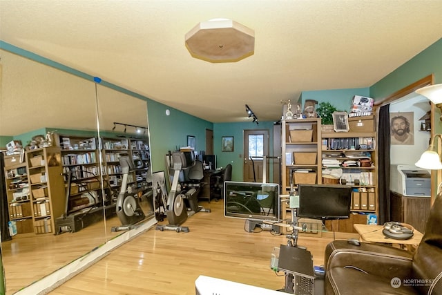 interior space featuring hardwood / wood-style floors and rail lighting