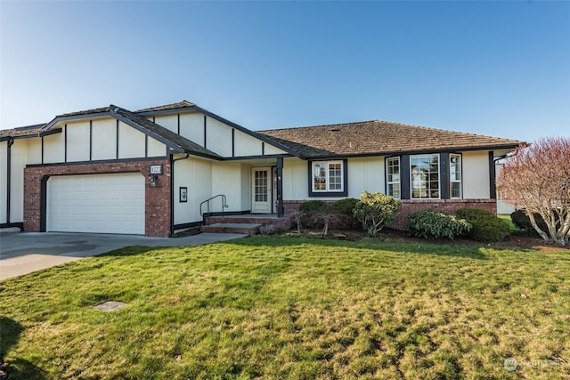 ranch-style home with a garage and a front lawn