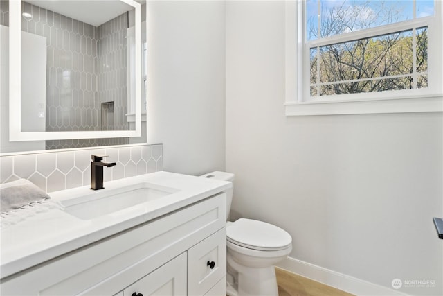 bathroom featuring tasteful backsplash, vanity, wood-type flooring, and toilet