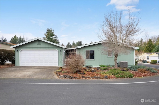 ranch-style house with cooling unit and a garage