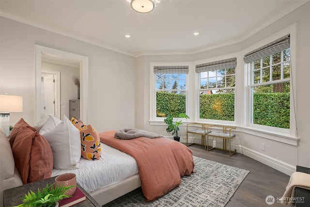 bedroom featuring multiple windows, recessed lighting, dark wood finished floors, and baseboards