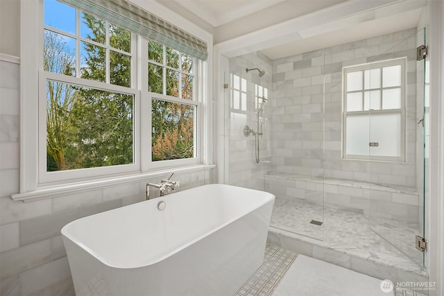 bathroom featuring a stall shower and a soaking tub