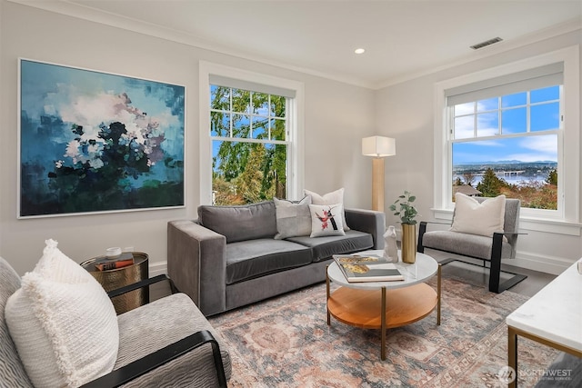 living area with a healthy amount of sunlight, baseboards, visible vents, and ornamental molding