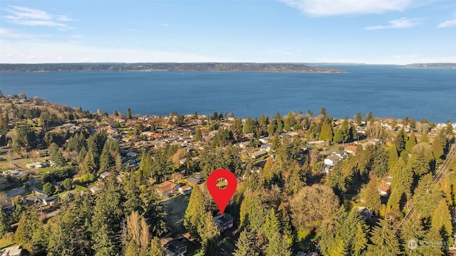 drone / aerial view featuring a water view