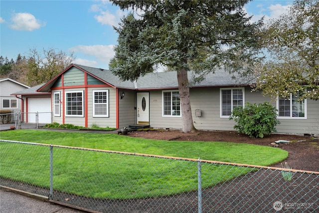 ranch-style home featuring a front lawn, entry steps, fence, a shingled roof, and a garage