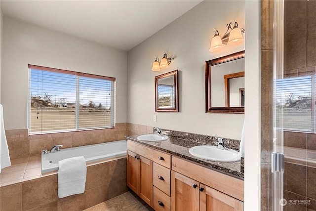 bathroom featuring vanity and plus walk in shower