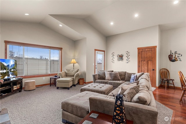 living room with dark wood-type flooring and lofted ceiling