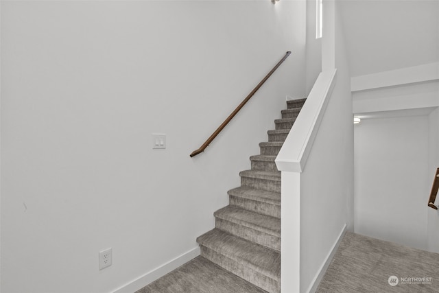 staircase featuring carpet