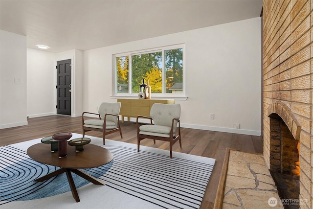 living room featuring a fireplace and wood-type flooring