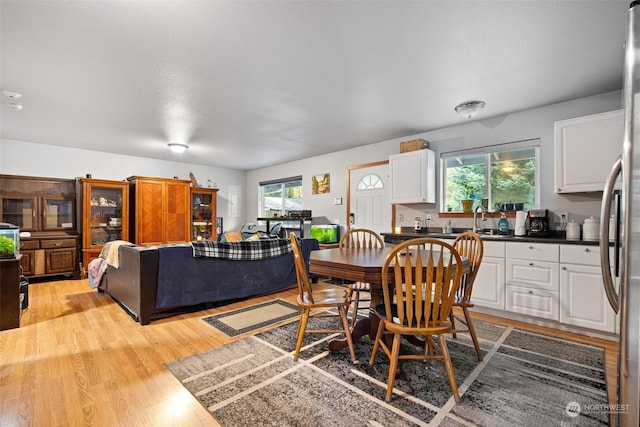 dining space with light hardwood / wood-style floors, plenty of natural light, and sink