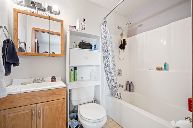 full bathroom with toilet, vanity, tile patterned flooring, and shower / tub combo with curtain