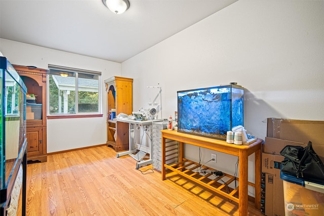 office with vaulted ceiling and hardwood / wood-style flooring