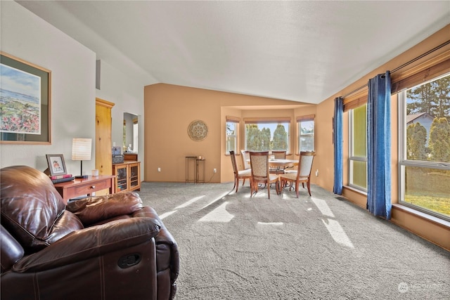 living room with lofted ceiling and carpet floors