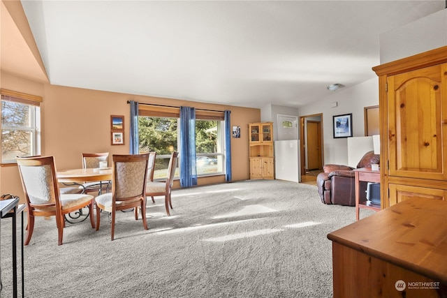 interior space featuring lofted ceiling and light carpet