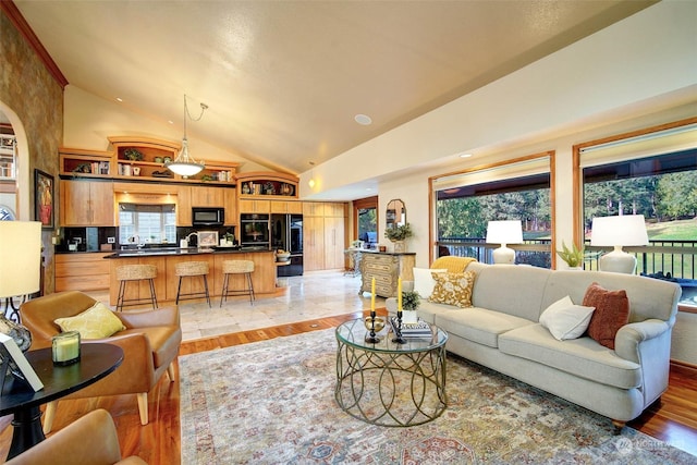 living room featuring light wood-type flooring, sink, and lofted ceiling