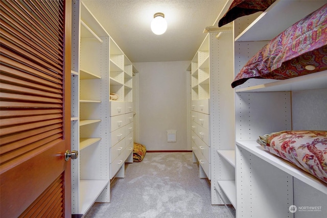 walk in closet with light carpet