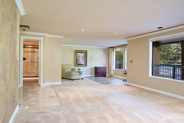 interior space featuring crown molding, a textured ceiling, and light carpet