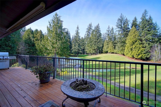 deck with a lawn and area for grilling