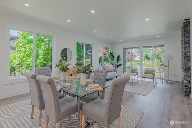 dining area with plenty of natural light and light hardwood / wood-style floors