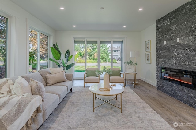 living room with a fireplace and light hardwood / wood-style flooring