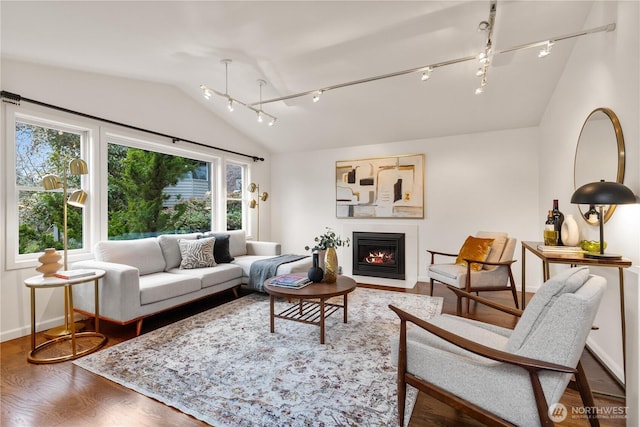 living area featuring a warm lit fireplace, baseboards, wood finished floors, vaulted ceiling, and track lighting