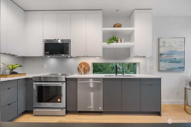 kitchen featuring white cabinets, appliances with stainless steel finishes, sink, and gray cabinetry