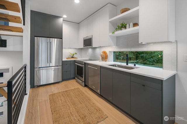 kitchen featuring appliances with stainless steel finishes, gray cabinetry, white cabinetry, and sink