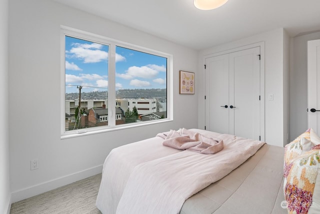 bedroom featuring light colored carpet and a closet