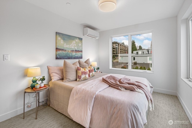 carpeted bedroom featuring an AC wall unit and multiple windows