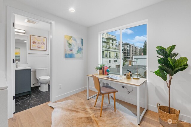 office area featuring sink and hardwood / wood-style flooring