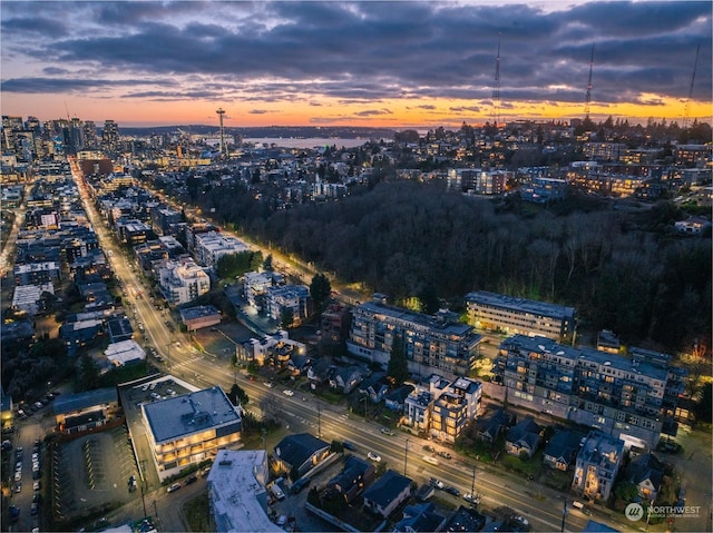 view of aerial view at dusk