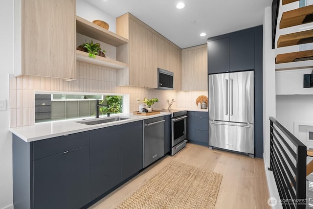 2011A Dexter Ave N, Seattle, WA 98109 - kitchen featuring stainless steel appliances, modern cabinets, backsplash, open shelves, and light wood finished floors