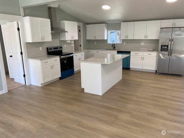 kitchen with stainless steel fridge with ice dispenser, white cabinetry, dishwashing machine, backsplash, and electric range oven