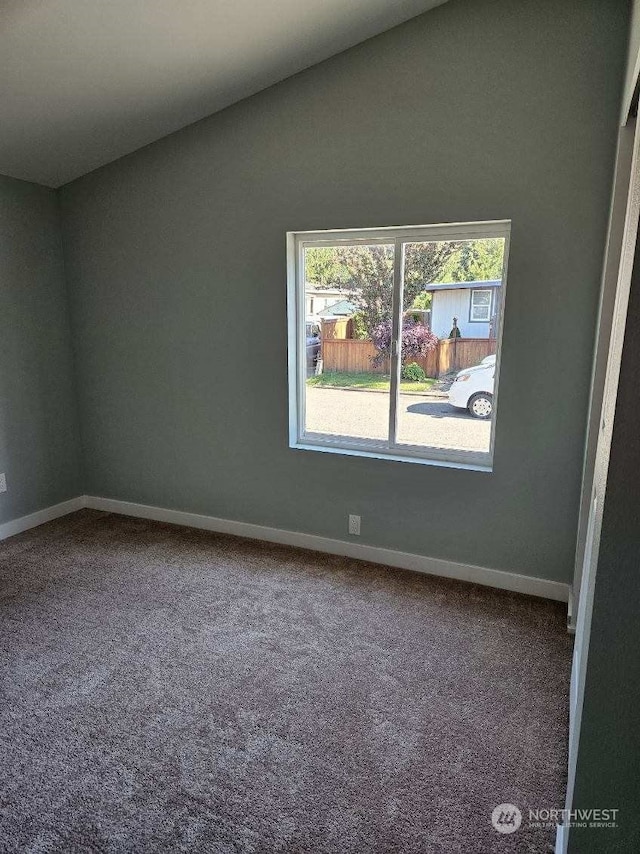 spare room featuring carpet floors and lofted ceiling