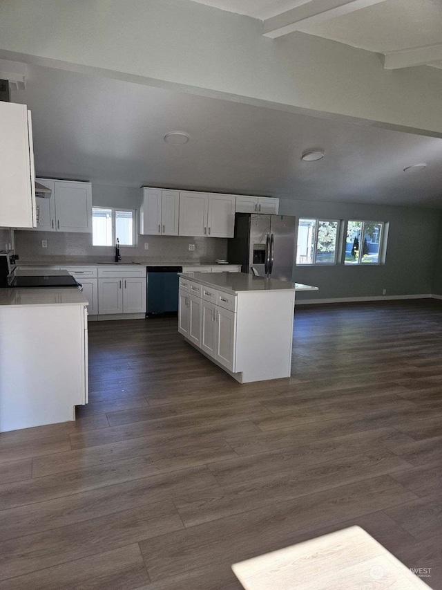 kitchen with white cabinetry, stainless steel fridge with ice dispenser, a center island, range, and black dishwasher