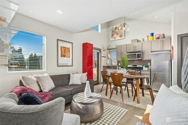 living room featuring sink and high vaulted ceiling