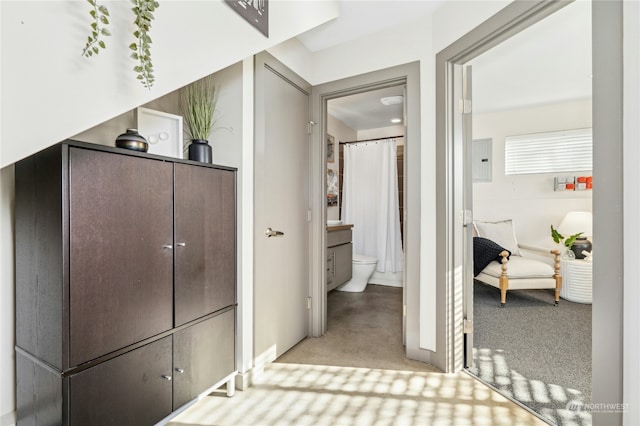 hallway featuring electric panel and light carpet