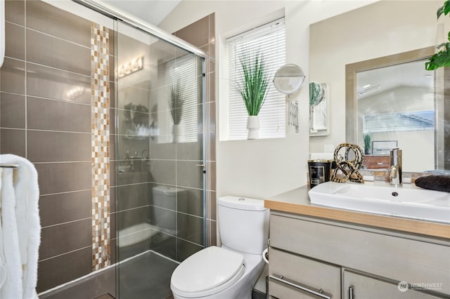 bathroom with vanity, a shower with door, and toilet