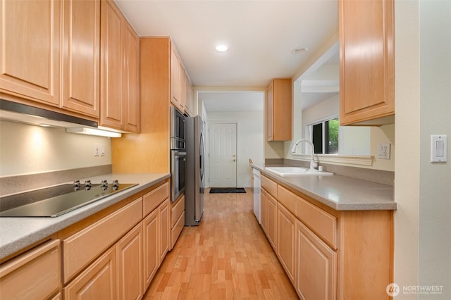 22635 SE 44th Pl Unit 1631, Issaquah, WA 98029 - kitchen with light brown cabinetry, stainless steel appliances, a sink, light wood finished floors, and light countertops