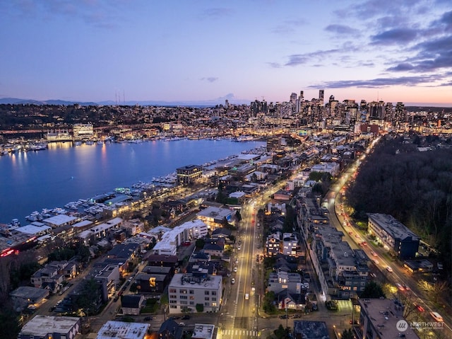 aerial view at dusk with a water view